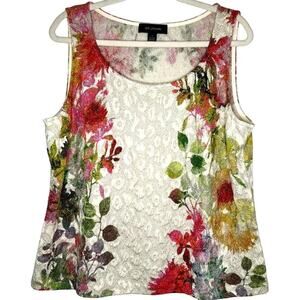 Vintage St. John Floral Top Metallic Scoop Neck Sleeveless Wool Blend Size XL